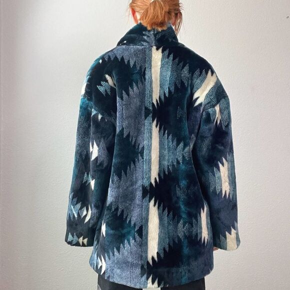 Vintage Style Blue Striped Boho Printed Teddy Open Front Coat - Picture 6 of 7